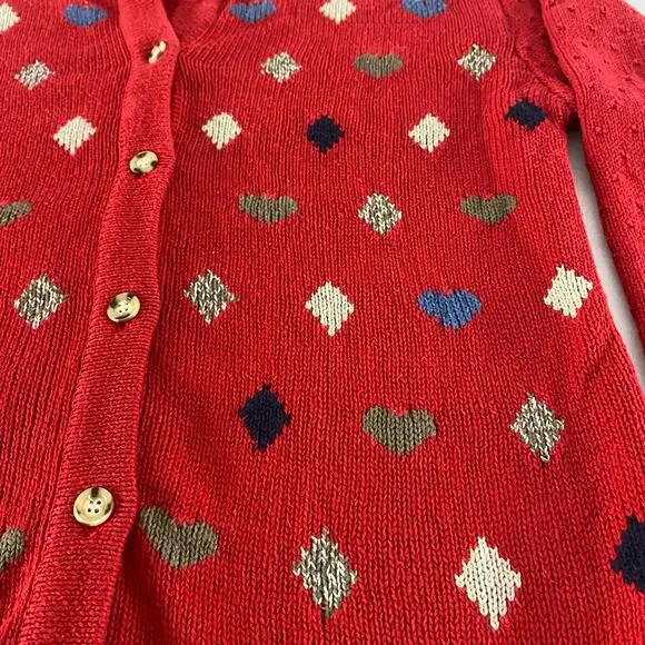 Vintage Twee Hearts Diamonds Wonderland Red Cardigan Sweater Sz Small - Picture 11 of 12